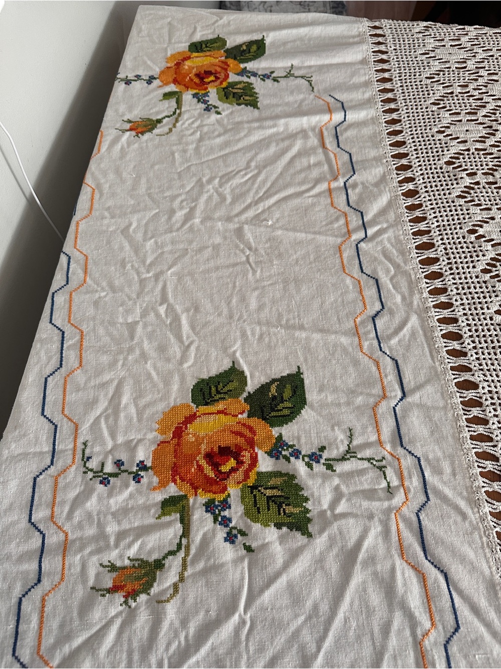Handmade White Crochet Table Cloth with Embroidered Accents - Picture 3 of 7